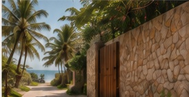 Caminho tropical com muro de pedra e vegetação