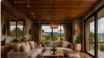 Sala integrada com madeira e grandes aberturas